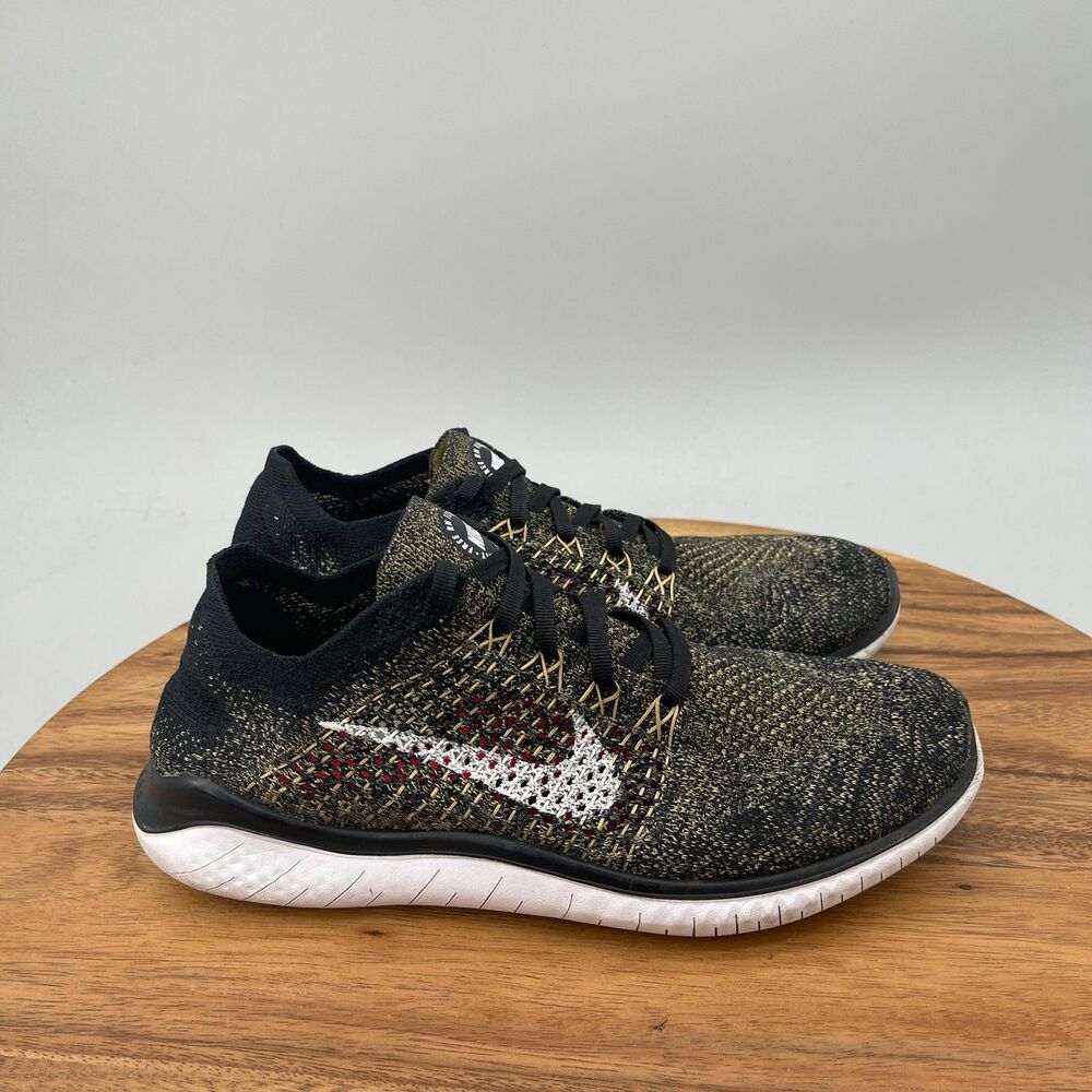 Nike Free RN Flyknit Shoes Mens Size 8 Black Gold Running Comfort Walking Gym